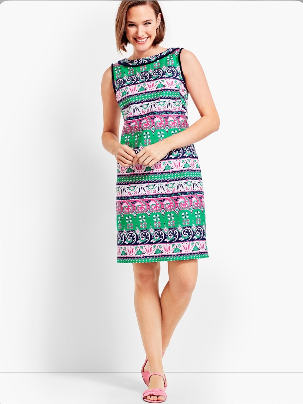 Talbots Petite Pink Green Print Shift Dress Fringe Trim Womens 8P
